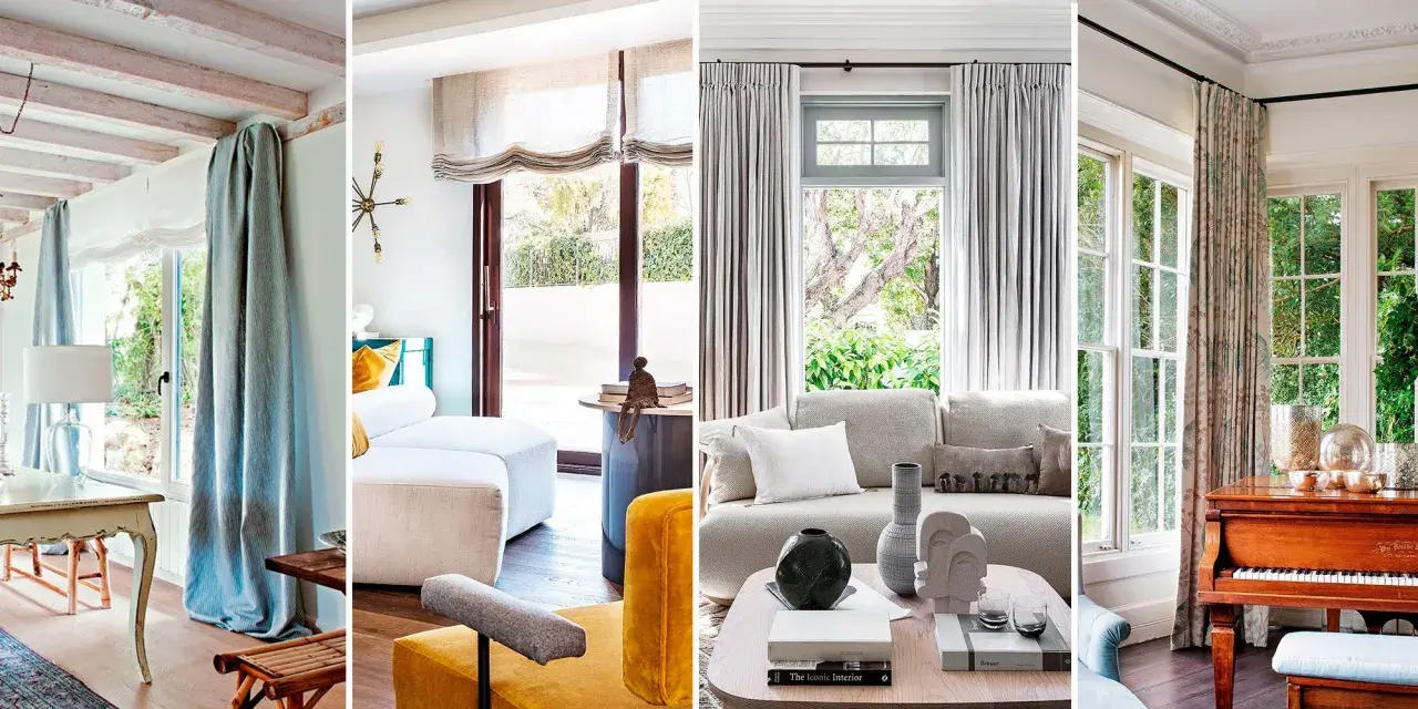 Cuatro escenas de interiores que muestran formas originales de colgar cortinas: azules vaporosas, romanas de lino, grises plisadas y estampadas florales.