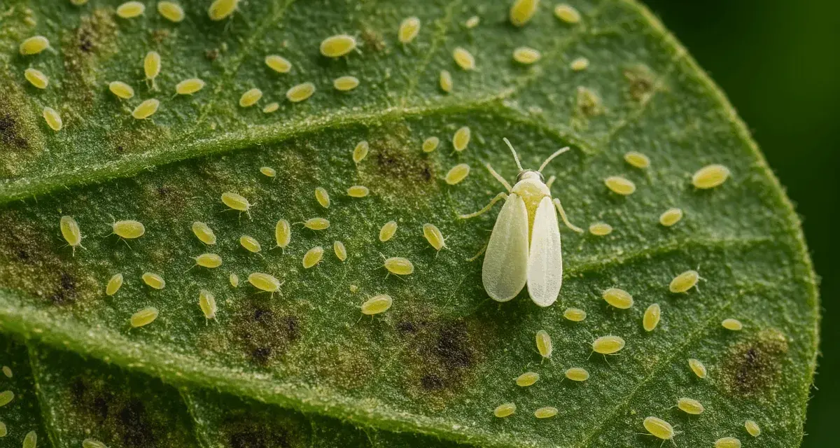 Una mosca blanca adulta y muchas ninfas cubren una hoja verde, indicando una infestación en las plantas.