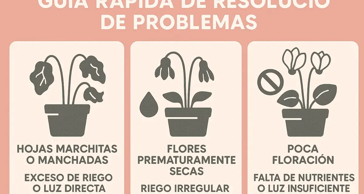 Guía de problemas de plantas: hojas marchitas, flores secas y poca floración. Si tu ciclamen tiene hojas amarillas, puede ser por falta de nutrientes o luz.