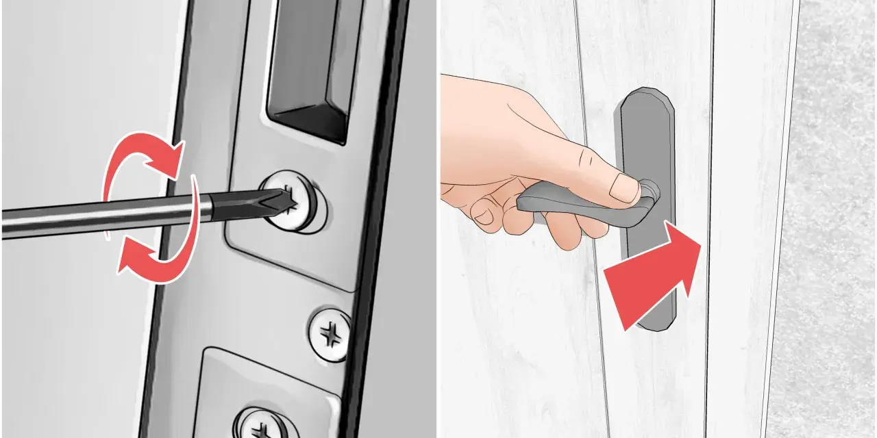 Paso 1: usar destornillador para ajustar tornillos de cerradura. Paso 2: mover manilla para ajustar puerta PVC descolgada.