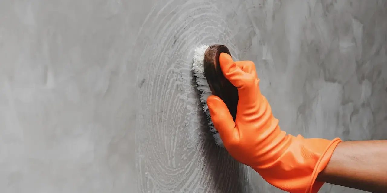 Mano con guante naranja limpiando una pared de concreto con un cepillo, dejando círculos de espuma.