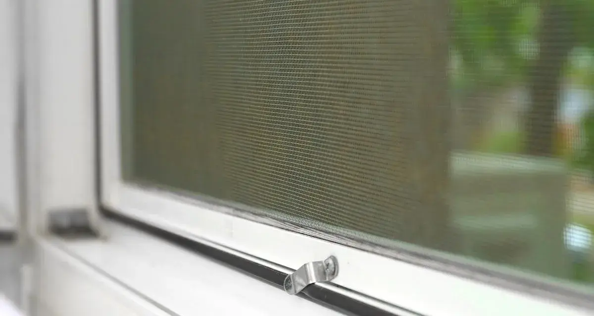Detalle de mosquitera en ventana blanca. Aprende cómo limpiar mosquiteras para un hogar impecable.