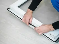 Man installing a black rubber seal on a white window frame, demonstrating como poner burletes en ventanas correderas.