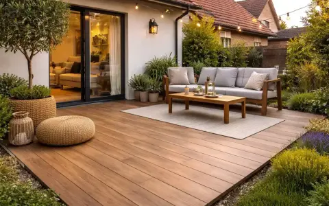 Terraza de madera con muebles de exterior, perfecta para disfrutar del verano. Un ejemplo de cómo nivelar un suelo exterior para crear un espacio acogedor.