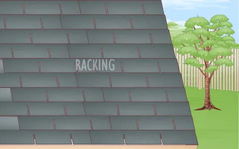 Detalle de cómo poner tejas en un tejado. Se ve el patrón de "racking" en las tejas grises.