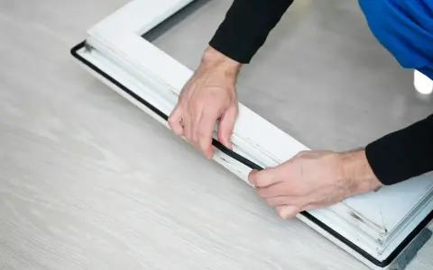 Man installing a black rubber seal on a white window frame, demonstrating como poner burletes en ventanas correderas.