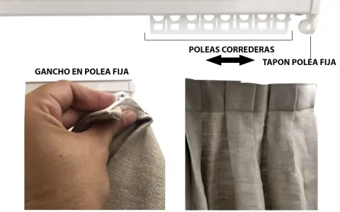 Detalle de cómo colgar cortinas: gancho en polea fija y poleas correderas en riel.