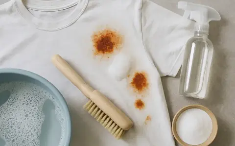 Prepara tu ropa de color para quitar manchas de óxido con un cepillo, jabón y bicarbonato.
