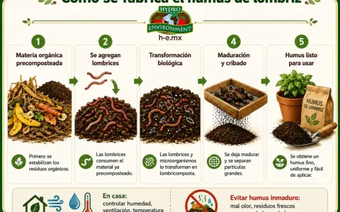 Proceso de fabricación de humus de lombriz: materia orgánica, lombrices, transformación biológica, maduración y cribado, y humus listo para usar. El humus de lombriz sirve para nutrir tus plantas.