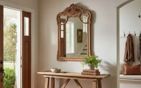Entrada con puerta doble de madera, espejo ornamentado y consola rústica. Dicen que es malo tener un espejo frente a la puerta, pero este refleja la luz y el exterior.