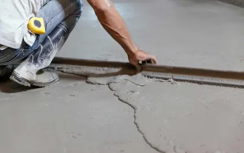 Obrero trabajando para hacer suelo de cemento sobre tierra, alisando la superficie con una llana.