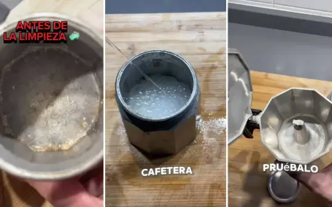 Proceso para limpiar cafetera italiana. Muestra el antes, el proceso con agua y el resultado final.
