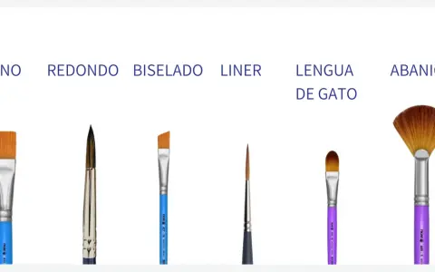 Se muestran varios tipos de pinceles: plano, redondo, biselado, liner, lengua de gato y abanico, cada uno con su nombre escrito.