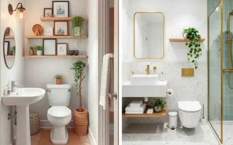 Dos baños pequeños con encanto: uno con estantes de madera y plantas, otro moderno con espejo dorado y ducha.