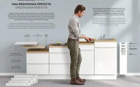 Hombre preparando comida en una cocina modular con diferentes opciones de altura de barra de cocina para una ergonomía perfecta.