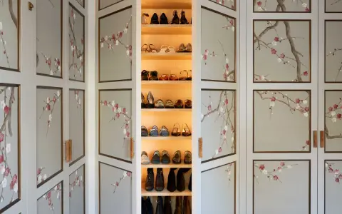 Armario con puertas decoradas con ramas de cerezo en flor. Unas ideas para decorar tu armario por fuera que inspiran calma y belleza.