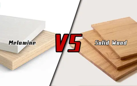 Tableros de melamina y madera maciza apilados, con el texto "Melamine" y "Solid Wood".