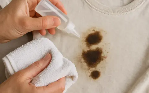Manos aplicando líquido a una mancha de aceite en ropa beige, con un paño blanco listo para frotar. Aprende como quitar manchas de aceite de la ropa.