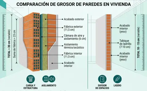 Comparación de grosor de paredes en vivienda. Muestra cómo saber el grosor de una pared con diferentes capas de construcción.