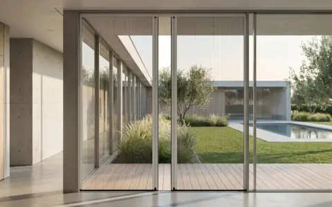 Modern home with large glass doors, perfect for installing mosquiteras and enjoying the garden and pool without insects.