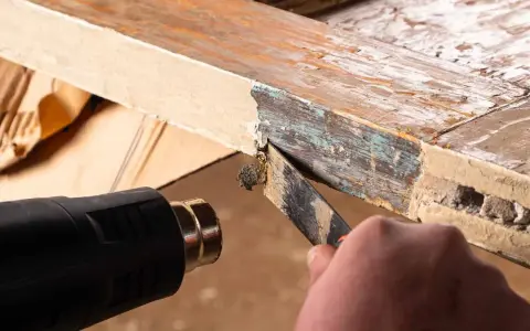 Se usa una pistola de calor para ablandar pintura vieja y descascarada de un marco de madera, facilitando su retirada con una espátula. La madera se hincha con el calor.