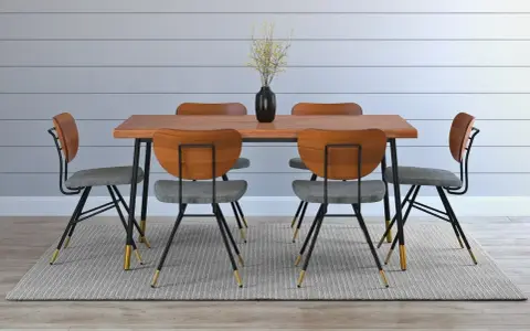 Comedor moderno con mesa de madera y seis sillas grises. La altura de una mesa es perfecta para compartir una comida.