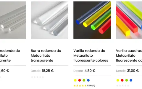 Varillas y barras de metacrilato, transparentes y fluorescentes. El plexiglás significado en variedad de formas y colores.