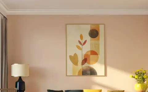 Paredes en tono melocotón, perfectas para saber como pintar mi casa por dentro colores de moda. Sofá amarillo y arte abstracto.