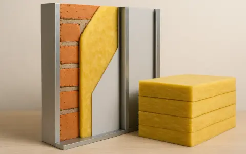 Sección de muro con ladrillos, aislamiento de fibra de vidrio y panel metálico. Bloques de fibra de vidrio apilados, demostrando sus propiedades aislantes.