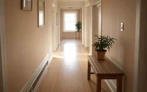 Ideas para como colocar cuadros en un pasillo largo y estrecho: dos cuadros en la pared, una planta y un banco de madera.
