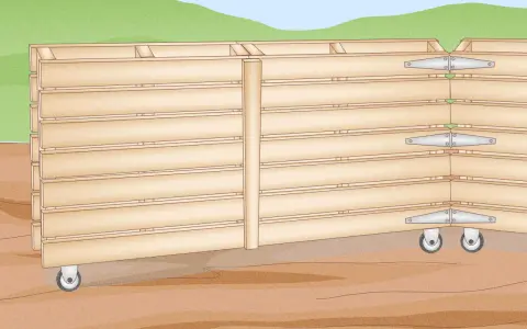 Estructura de madera apilada con ruedas y bisagras, mostrando cómo anclar palets al suelo para crear estanterías resistentes.