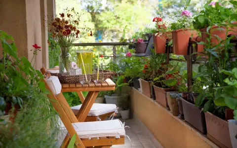 Un balcón acogedor con mesa de madera, sillas, jarra de limonada y muchas plantas. La decoración de mini balcones crea un oasis verde.