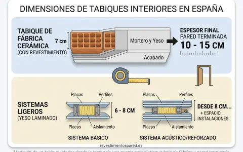 Ilustración compara el grosor tabique entre viviendas: ladrillo cerámico (7 cm), sistemas ligeros (6-8 cm) y acústicos (desde 8 cm).