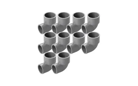 Diez codos de PVC grises, accesorios para tuberías de presión, dispuestos en un patrón escalonado.