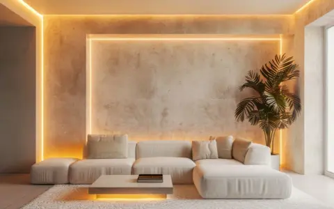 Un salón moderno con sofá blanco, alfombra mullida y una iluminación ambiental cálida que realza la textura de la pared. Una planta aporta vida.