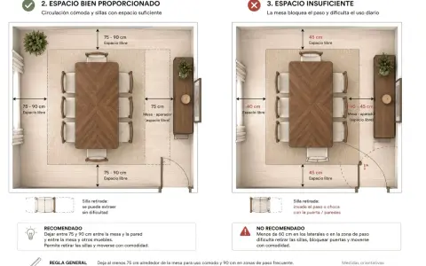 Comparativa de espacio: mesa de comedor con 75-90 cm libres alrededor para circulación cómoda, vs. espacio insuficiente con solo 40-45 cm.