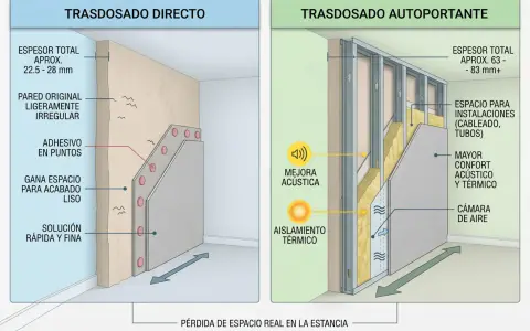 Comparativa de trasdosados: directo (22.5-28mm) y autoportante (63-83mm+). El grosor muros exteriores casa varía según el sistema.
