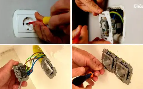 Manos trabajando para cambiar enchufe antiguo por uno nuevo. Se ve el proceso de desmontaje y conexión de cables.