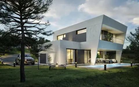 Casa moderna con piscina y jardín. ¿Cuanto dura una casa prefabricada? Esta parece hecha para durar.