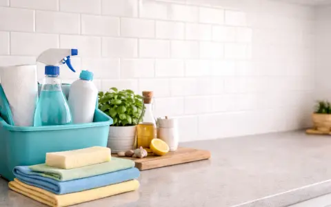 Todo lo necesario para saber como limpiar azulejos baño: esponjas, toallas, spray limpiador, planta y limón.
