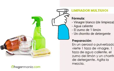 Receta para un limpiador multiusos: vinagre blanco, agua caliente, limón y detergente.