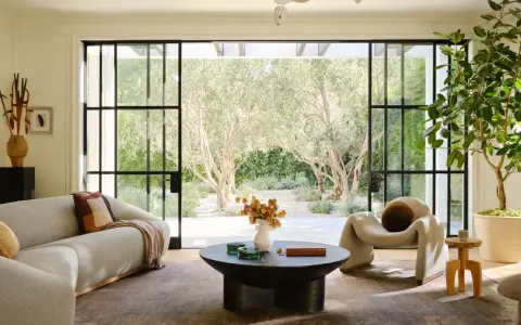 Salones modernos y elegantes con sofá curvo, sillón acogedor y mesa de centro, con vistas a un jardín de olivos.