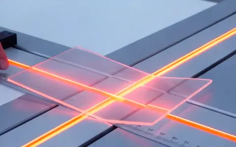 Manos sujetan metacrilato transparente sobre una guía con luces naranjas, preparándolo para moldear.