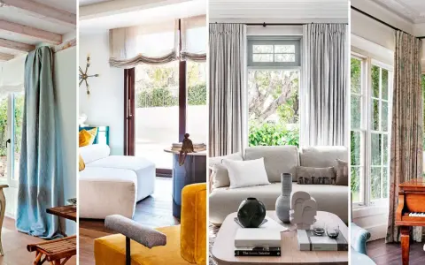 Cuatro escenas de interiores que muestran formas originales de colgar cortinas: azules vaporosas, romanas de lino, grises plisadas y estampadas florales.