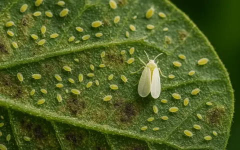 Una mosca blanca adulta y muchas ninfas cubren una hoja verde, indicando una infestación en las plantas.