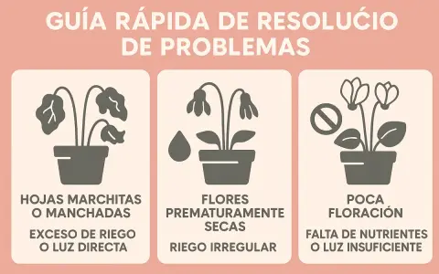 Guía de problemas de plantas: hojas marchitas, flores secas y poca floración. Si tu ciclamen tiene hojas amarillas, puede ser por falta de nutrientes o luz.