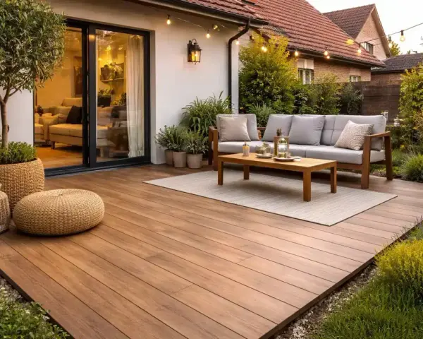 Terraza de madera con muebles de exterior, perfecta para disfrutar del verano. Un ejemplo de cómo nivelar un suelo exterior para crear un espacio acogedor.