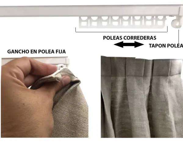 Detalle de cómo colgar cortinas: gancho en polea fija y poleas correderas en riel.