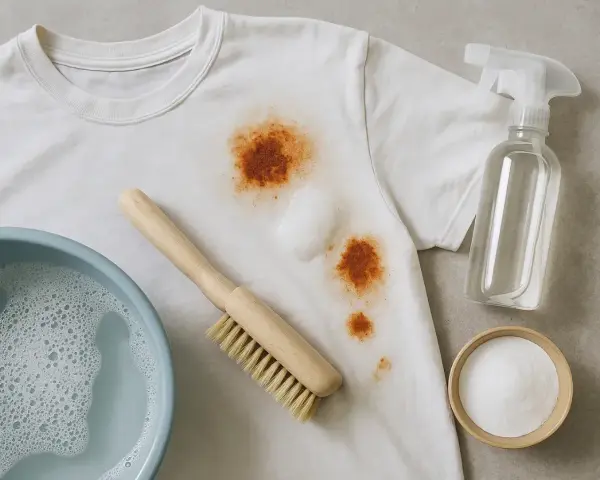 Prepara tu ropa de color para quitar manchas de óxido con un cepillo, jabón y bicarbonato.
