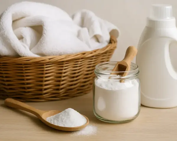 Cesta con ropa blanca, un frasco de bicarbonato y un bote de detergente. ¡Cuidado! el bicarbonato estropea la ropa de color.